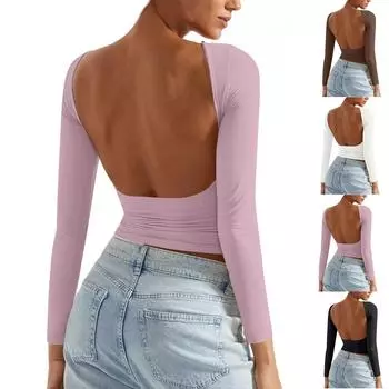 Женская осенне-зимняя мода, сексуальная, с открытой спиной, облегающая, с круглым вырезом, с длинными рукавами, нижняя часть рубашки, топы L чёрный