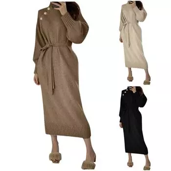 Женская осенне-зимняя мода, свободный свитер с воротником на пуговицах, однотонное повседневное платье One Size бежевый