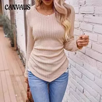 Женская осенне-зимняя модель, однотонная трикотажная футболка с длинными рукавами и V-образным вырезом S абрикосовый