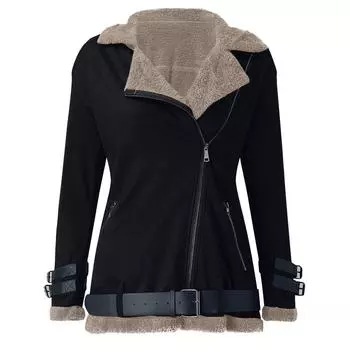 Женская осенне-зимняя модная байкерская куртка из овечьей шерсти с лацканами, хлопковая куртка S чёрный