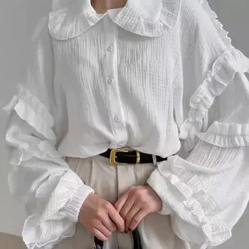 Женская осенне-зимняя модная дизайнерская кружевная рубашка с рукавами-фонариками и длинными рукавами S белый