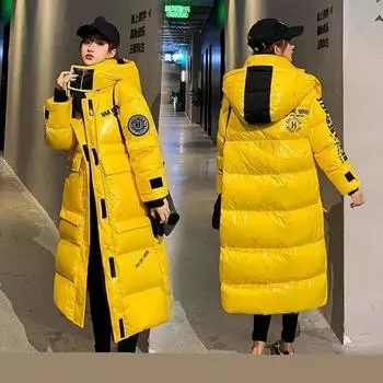 Женская осенне-зимняя модная глянцевая хлопковая куртка длиной до колена, утолщенное хлопковое пальто средней длины XXL чёрный