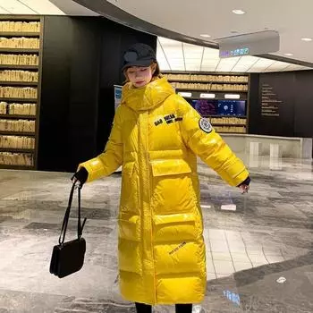 Женская осенне-зимняя модная глянцевая хлопковая куртка длиной до колена, утолщенное хлопковое пальто средней длины S чёрный