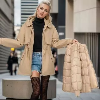 Женская осенне-зимняя модная облегающая хлопковая куртка средней длины с большим меховым воротником и утолщенным хлопковым пальто M чёрный