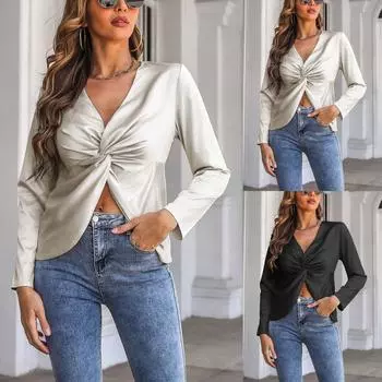 Женская осенне-зимняя модная однотонная блузка с длинными рукавами и атласным верхом L чёрный