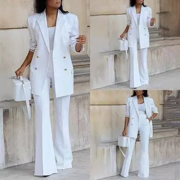 Женская осенне-зимняя модная однотонная повседневная куртка с длинными рукавами, комплект из двух предметов M белый