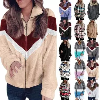 Женская осенне-зимняя модная плюшевая куртка-кардиган на молнии с длинными рукавами L чёрный