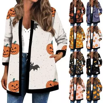 Женская осенне-зимняя модная повседневная куртка-кардиган средней длины с длинным рукавом и принтом на Хэллоуин L чёрный