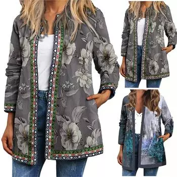 Женская осенне-зимняя модная повседневная куртка-кардиган средней длины с длинным рукавом и принтом L