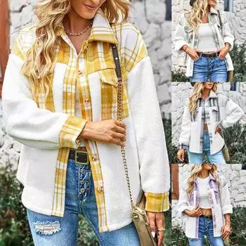 Женская осенне-зимняя модная повседневная куртка с длинными рукавами и плюшевыми карманами в клетку M зелёный