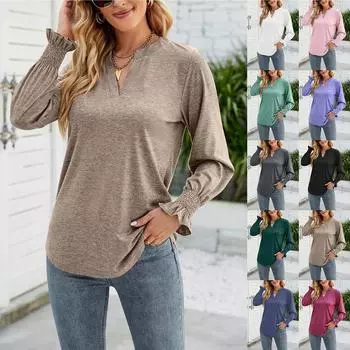 Женская осенне-зимняя модная повседневная однотонная свободная рубашка с v-образным вырезом и топом с рукавами-листом L бежевый