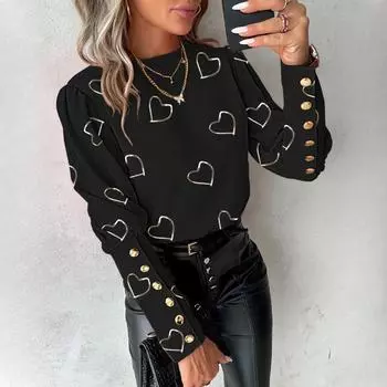 Женская осенне-зимняя модная рубашка с длинным рукавом и круглым вырезом на пуговицах S чёрный