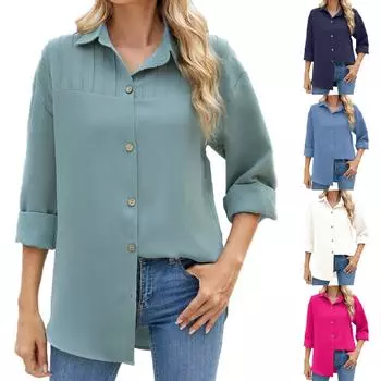 Женская осенне-зимняя модная свободная новая однотонная свободная рубашка с длинными рукавами и пуговицами с лацканами L бежевый