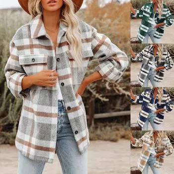 Женская осенне-зимняя модная свободная повседневная клетчатая куртка-рубашка с длинными рукавами L чёрный