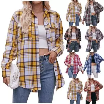 Женская осенне-зимняя модная свободная повседневная клетчатая куртка-рубашка с длинными рукавами S синий