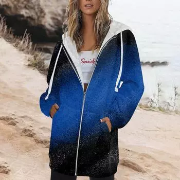 Женская осенне-зимняя модная толстовка с капюшоном на молнии с длинным рукавом, пуловер, спортивные рубашки для тренировок, повседневные топы с принтом и карманами синий