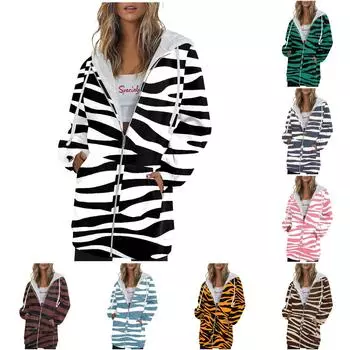 Женская осенне-зимняя модная толстовка с капюшоном на молнии с длинными рукавами, спортивные повседневные топы в полоску с принтом и карманами L чёрный