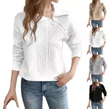 Женская осенне-зимняя модная толстовка-свитер на молнии с отворотами и длинным рукавом, верхняя часть рубашки L чёрный