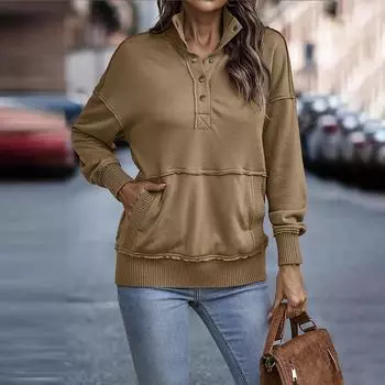Женская осенне-зимняя модная уличная толстовка с длинным рукавом на пуговицах в однотонном цвете L