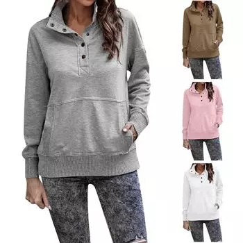 Женская осенне-зимняя модная уличная толстовка с длинным рукавом на пуговицах в однотонном цвете L кофейный