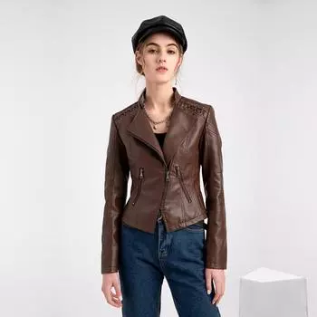 Женская осенне-зимняя мотоциклетная куртка с отложным воротником и длинным рукавом, тонкая молния, S-4XL S чёрный