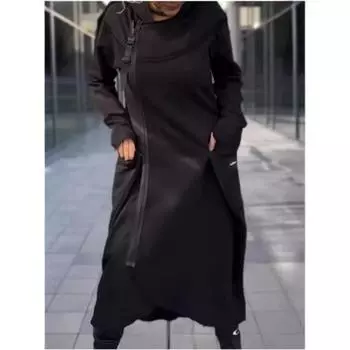 Женская осенне-зимняя нестандартная толстовка с длинными карманами, однотонный цвет, с капюшоном, индивидуальный топ 3XL чёрный