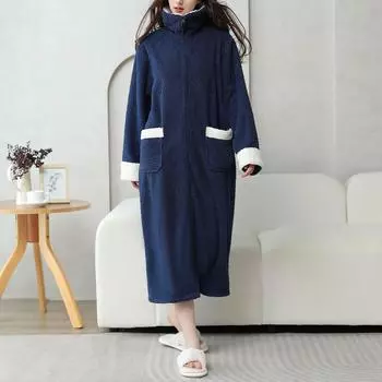 Женская осенне-зимняя ночная рубашка с бархатным лацканом для пары, которую можно носить как домашнюю одежду, удобную теплую пижаму, банный халат L тёмно-синий