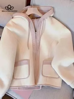 Женская осенне-зимняя новая контрастная куртка с капюшоном и длинными рукавами из овечьей шерсти с двумя карманами, модная куртка, пальто, женская модная одежда S белый