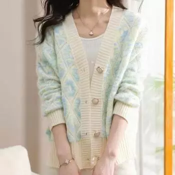 Женская осенне-зимняя новая куртка-свитер с V-образным вырезом, ленивый темперамент, женская оптовая продажа, свободный вязаный кардиган с топом one size fits all розовый