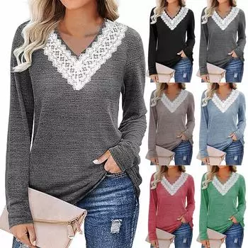 Женская осенне-зимняя новая однотонная кружевная свободная футболка с v-образным вырезом и длинными рукавами, топ L чёрный