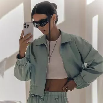 Женская осенне-зимняя новая однотонная повседневная куртка на молнии с длинными рукавами и лацканами S зелёный