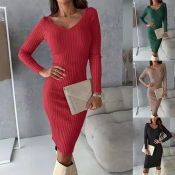 Женская осенне-зимняя одежда, европейское и американское сексуальное длинное платье с открытой спиной, большое женское платье с v-образным вырезом и длинными рукавами S чёрный