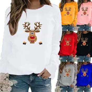 Женская осенне-зимняя одежда, повседневная толстовка с рождественским принтом оленя, топы с длинными рукавами, футболка, женский пуловер с круглым вырезом, блузка XS белый