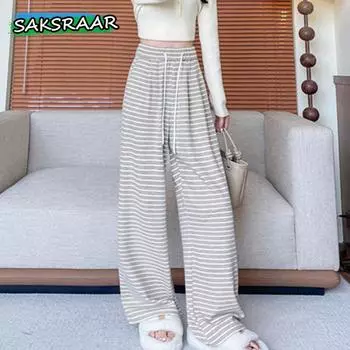 Женская осенне-зимняя одежда, повседневные, с высокой талией, в полоску, спортивные, мешковатые, широкие брюки, брюки для женщин, уличные, спортивные штаны S серый