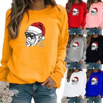 Женская осенне-зимняя одежда, повседневный свитшот с принтом Санта-Клауса, топы с длинными рукавами, футболка, женский пуловер с круглым вырезом, блузка XS белый