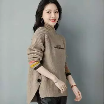 Женская осенне-зимняя одежда с пуговицами, модная универсальная, с полувысоким воротником и длинными рукавами, однотонный пуловер One size кофейный