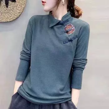 Женская осенне-зимняя одежда свободного кроя в стиле ретро-этнического стиля, застегивающаяся на пуговицы рубашка с диагональным воротником и длинными рукавами футболка 4XL чёрный