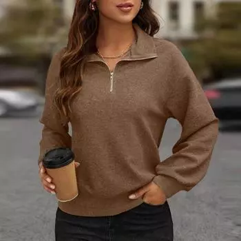 Женская осенне-зимняя однотонная блузка с лацканами на молнии и половиной планки с длинным рукавом Свободная посадка Повседневный пуловер Толстовка Уличная одежда S темно-серого