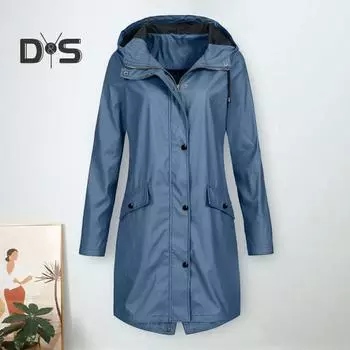 Женская осенне-зимняя однотонная дождевик с капюшоном, длинными рукавами, пуговицами, молнией, карманами, дизайн, ветрозащитное длинное пальто L синий