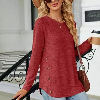 Женская осенне-зимняя однотонная футболка с круглым вырезом и длинными рукавами на пуговицах S темно-серого