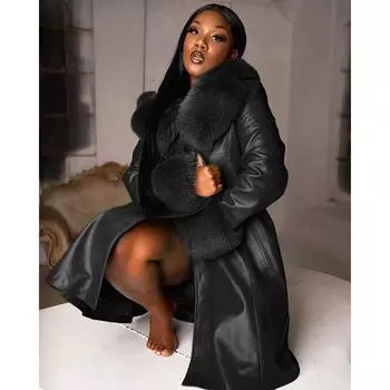 Женская осенне-зимняя однотонная куртка из искусственной кожи с длинными рукавами и лацканами, длинный меховой воротник на молнии 3XL чёрный