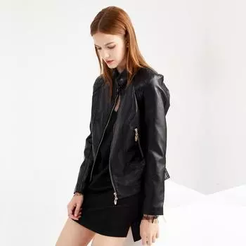Женская осенне-зимняя однотонная куртка из искусственной кожи с воротником-стойкой и длинным рукавом S-4XL S чёрный