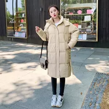 Женская осенне-зимняя однотонная куртка с капюшоном и пуговицами на молнии, свободное длинное теплое хлопковое пальто M бежевый