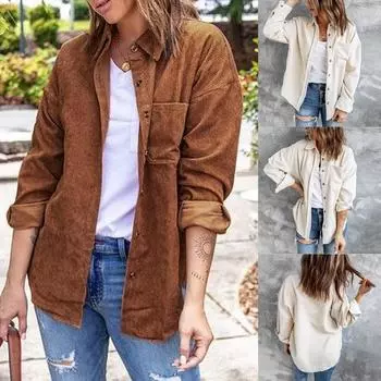 Женская осенне-зимняя однотонная куртка с карманом на пуговицах и длинными рукавами с лацканами XL коричневый