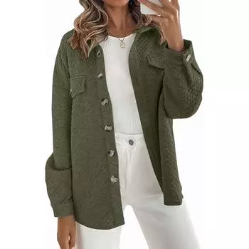 Женская осенне-зимняя однотонная куртка с лацканами и длинным рукавом, однобортная стеганая рубашка большого размера, повседневная верхняя одежда с искусственными карманами и вафельным узором S коричневый
