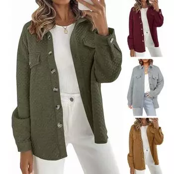 Женская осенне-зимняя однотонная куртка с лацканами и длинным рукавом, однобортная стеганая рубашка большого размера, повседневная верхняя одежда с искусственными карманами и вафельным узором S коричневый