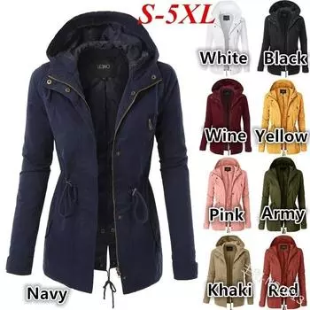 Женская осенне-зимняя однотонная куртка-ветровка средней длины с разрезом на шнурке и капюшоном L армия зеленый