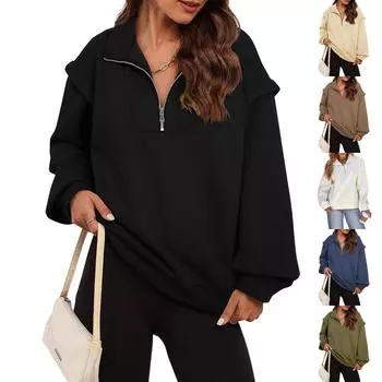 Женская осенне-зимняя однотонная модная повседневная свободная флисовая толстовка с воротником-стойкой на молнии XXL