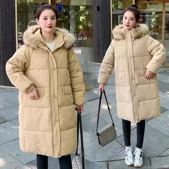 Женская осенне-зимняя однотонная парка с капюшоном и меховым воротником, большой карман на молнии, свободное длинное хлопковое пальто M армия зеленый