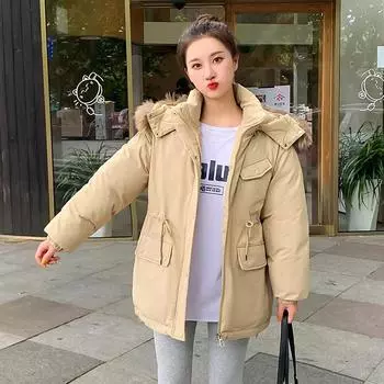 Женская осенне-зимняя однотонная парка с капюшоном и меховым воротником на шнурке, свободное хлопковое пальто с карманом на молнии L чёрный